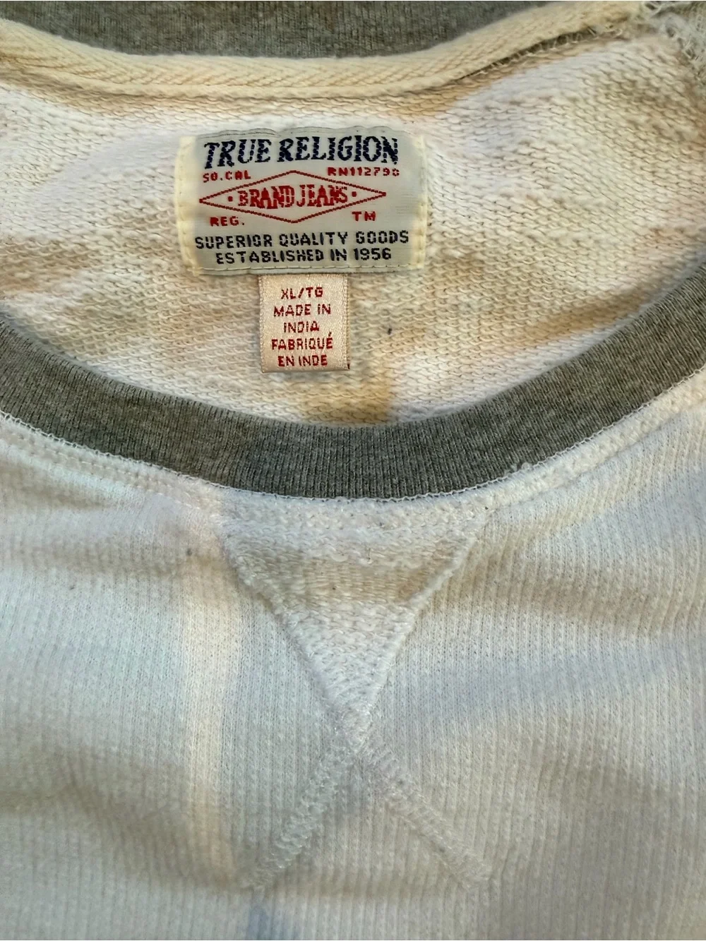 True Religion Men's Crewneck Raglan Sweater - White & Gray / XL